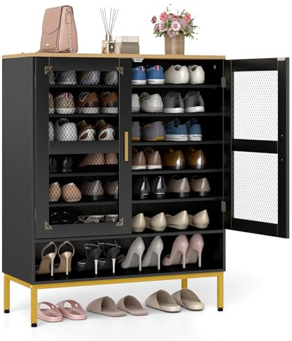 COSTWAY Zapatero de 7 Niveles con 2 Puertas de Malla, Armario Zapatero Estrecho de Madera con Estantes Ajustables, Organizador para Zapatos Entrada Recibidor Pasillo, 80 x 37 x 106 cm (Negro)