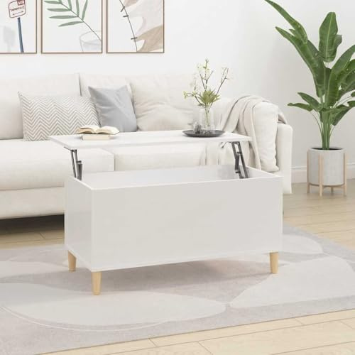 mtlskopl Couchtisch Hochglanz Weiß mit höhenverstellbarer Tischplatte 90x44,5x45 cm Holzwerkstoff & Massivholz Eukalyptus Modernes Design mit Stauraum für Wohnzimmer Sofaecke