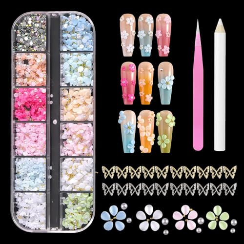 Tastetreasure 2000+ Pcs Nail Art Gems & Charms Kit, 3D Flower Petals, Gold Silver Caviar Beads & Rhinestones for Nail Decoration, Professional Bedazzling Set with Wax Pen and Tweezers