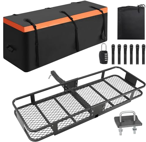 TUFSPRAX Porte-Bagages arrière Pliable pour attelage 60x20 – Capacité 200 LB – Sac étanche 15 pi³, Filet, Sangles, stabilisateur Inclus – Convient SUV, fourgons, Voitures – Couleur : 60+15
