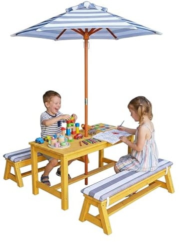 Relaxdays Kindersitzgruppe für draußen, Garten Picknickbank mit Schirm & Kissen, Holz, Gartengarnitur für Kinder, Natur