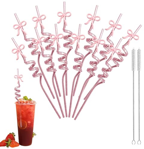 Floruvia 12 Pink Bow Party Decorations - Reusable Glitter Bow Straws for Birthday Parties, Bridal Showers, Valentine's Day, Baby Showers & Weddings