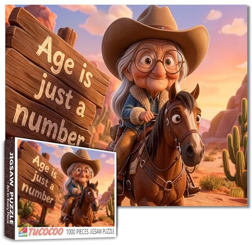 Grandma Cowboy Riding Horse Jigsaw Puzzles for Adults 1000 Pieces Funny Quote Scene DIY Puzzles for Family Activity Games Elderly Lady Art Home Wall Decor Craft Gifts 19.7 x 27.6 Inch