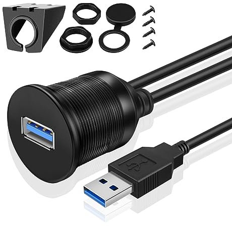 TNP USB 3.0 Flush Mount Cable, Dashboard Panel Dash Mount 1 Port Dual USB Socket Plug Jack Connector Extension Wire Cord Water Resistant Male to Female for Car Trailer Boat Motorcycle (1M / 3FT)