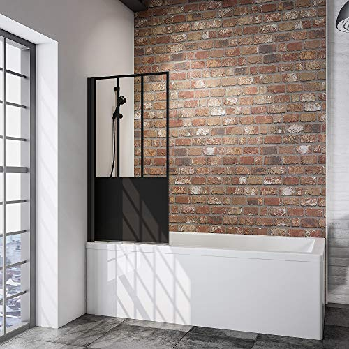 Schulte pare-baignoire 80 x 140 cm, profilé noir, montage gauche droite, écran 1 volet mobile pivotant rabattable 180° contre le mur, verre de sécurité 5 mm décor Atelier traitement anticalcaire