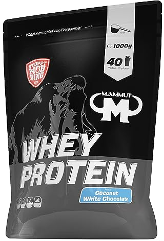 Mammut Nutrition Whey Protein Pulver Coconut White Chocolate – 1kg – 27g Protein pro Portion – Eiweißpulver mit hohem BCAA-Anteil – Perfekte Löslichkeit in Wasser & Milch – Ideale Zwischenmahlzeit