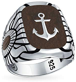 Männer Nautische geätzte braune Holz Inset Große Boot Anker Siegelring für Männer Solide 925 Sterling Silber Made In Turkey