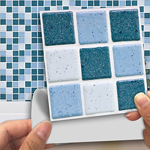 Hiser 18 Pezzi Adesivi per Piastrelle da Cucina Marmo, Impermeabile 3D Mosaico Stile Adesivo da Parete Formato Autoadesivo Decorativo per Cucina Bagno Decorazioni (Mosaico Blu,10 x 10 cm)