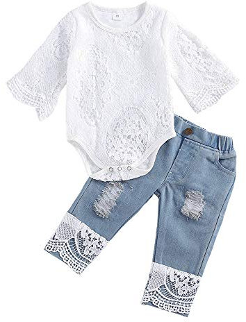 Loalirando Completino Neonata Estivo 2 Pezzi Pagliaccetto in Pizzo + Jeans Elegante Tutina Bimba Tuta Neonata Femmina 0-24 Mesi Casual Primavera Regalo (Bianco A, 6_Months)