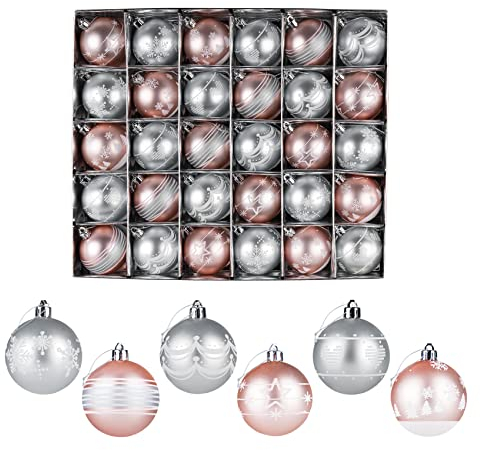 Boules de Noël à Paillettes, ilauke 30Pcs Boule de Noel Ornements, Boule de Décoration d'arbre de Noël, Déco Noël Plastique Balls pour Décorations de Noel Intérieure ou Extérieure (6cm, Rose/Argent)