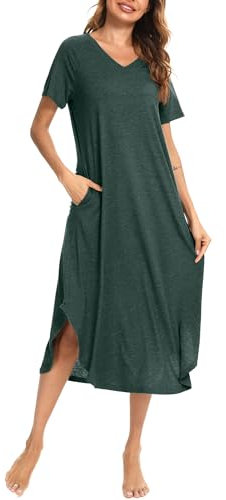 Nieery Women Nightdress Long Style Short Sleeve Nightgown, V Neck Cotton Nighties Nightshirts Sleepwear Night Summer Dress (Green, X-Large)