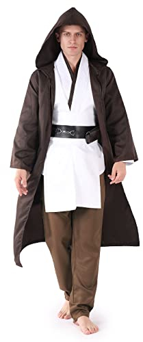 Jedi Costume Adult, Tunic Hooded Robes Medieval Fancy Dress Halloween Cosplay Party Costume Full Set Brown (Medium,175cm)