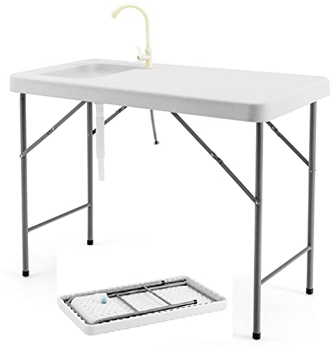 COSTWAY Mesa Plegbale Camping, Mesa Plegable 2 in 1 Multifuncional con Fregadero, Grifo Giratorio 360°,Tubo de Drenaje, Fregadero Camping para Jardín, Picnic 115 x 59 x 93,5 cm, 150 kg (Estilo 3)