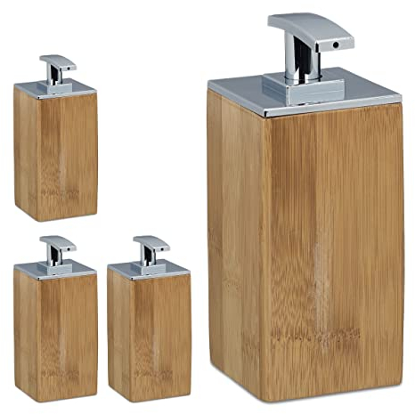 Set 4 Dispensadores Jabón, Dosificador Loción 225 ml, Recipiente Bambú, Crema, Champú, Lavavajillas, 17x7x7cm, Natural