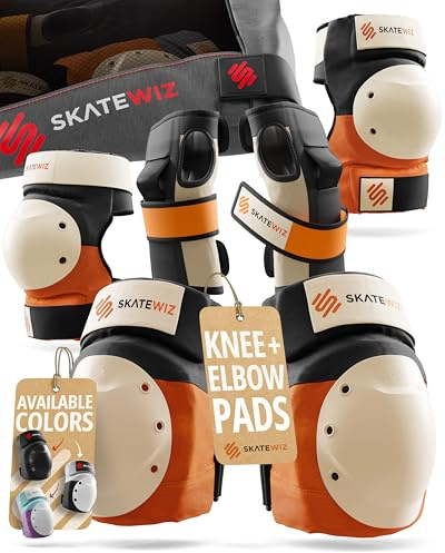 SKATEWIZ Bike Knee Pads - Skateboard Safety Gear - Shield - Size M/L Orange - Skate & Skateboarding Wrist Guards for Skating Adult with Elbow Pads - Roller Skates, Inline Skates