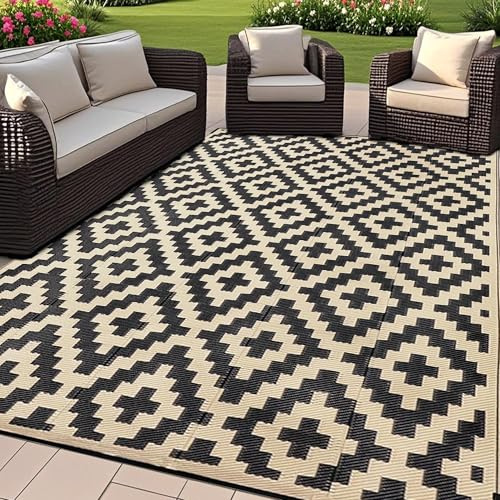 SAND MINE Alfombra Reversible de Paja de Plástico - Moderna y Grande para Exteriores, Caravana, Patio, Terraza, Picnic, Playa, Remolque, Camping - Negro y Beige, 6 x