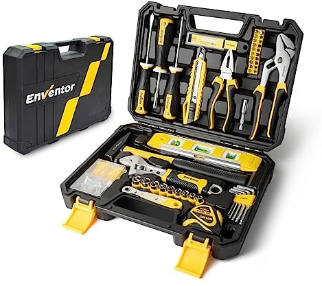 Enventor Cassetta Attrezzi Completa 158 Pezzi Giallo, Set Attrezzi da Lavoro con Cacciavite Chiave a Martello, Utensili da Lavoro con Cassetta Degli Attrezzi, Valigetta Attrezzi Completa per la Casa