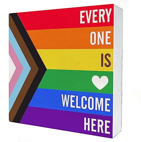Rainbow Everyone is Welcome Here Wooden Box Sign Desk Decor LGBTQ Gay Pride Flag Wood Block Plaque Box Signs Gift for Home School Shelf Table Decoration (5 X 5 Inch)