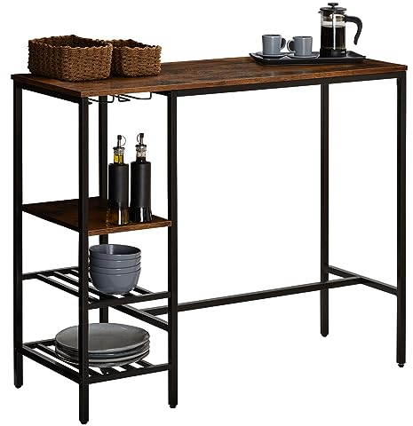 CARO-Möbel Bartisch NELAS im Industrial Stil aus Metall in schwarz und MDF/Spanplatte in Vintage Optik, Konsolentisch Vintage Industrial Style mit 3 Ablagen und 2 Weinglashalter