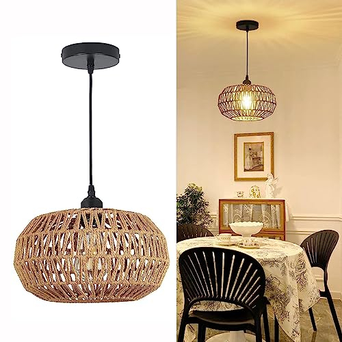 Vintage Boho Hängelampe mit Rattan Lampenschirm Natürliches Pendelleuchte Esstisch - Rustikal Hängeleuchte E27 für Schlafzimmer Lounge, Hängend Deckenleuchte für Wohnzimmer Esstisch Esszimmer Küche