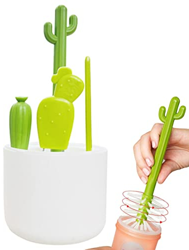 pologmase 4 Cactus Brosse Biberon Brosse À Paille - Brosses pour Biberons Cartoon Cactus | Jolies Bouteilles d'eau avec Brosse en Paille pour Biberons Gobelets À Boire