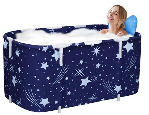 Bañera Plegable para Adultos y Niños Bañera Familiar Portatil con Soporte de Aleación Engrosado y 2 Tubos de Drenaje, 125x55x54CM (Azul 125cm)