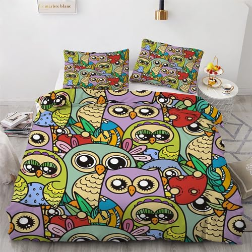 ROUSKI Bettwäsche Eule 135x200 cm 4teilig 100% Mikrofaser Kinderbettwäsche Kawaii Eule Wendebettwäsche mit Reißverschluss 3D Motiv Zimmer Dekor Bettwäsche-Sets mit 2 Kissenbezüge 80x80