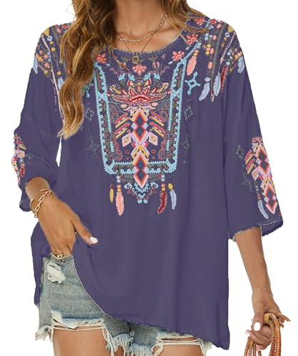 Vakakado Boho Stickerei Bluse Hippie Kleidung Damen 70er 80er Jahre Bekleidung Bohemian Folklore Besticktes Tunika 3/4Ärmel elegant Oberteile