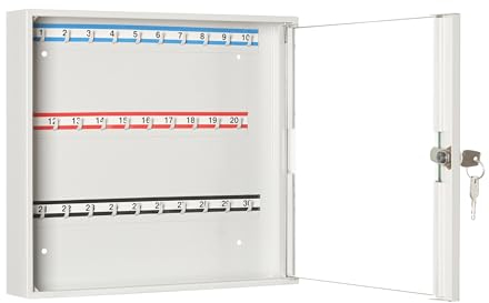 LEOMAR Schlüsselschrank, Schlüsselkasten mit 30 Haken, Schlüsselbox aus Stahlblech mit Glastüren, mit Festen Hakenleisten, Organizer zur Wandbefestigung, Abschließbar, 6 x 35 x 32 cm