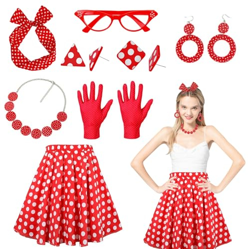 Rockabilly Accessoires Damen,8 Stück 50er Jahre Rockabilly Kostüm Accessoires,mit Bandana Ohrringe Ohrstecker Halskette Handschuhe Brille Polka Dot Rock,Karneval,Halloween,Fasching,Mottoparty.