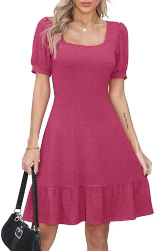 Missufe Robe d'été pour femme - Robe patineuse à volants - Manches bouffantes - Manches courtes - Swing - Robe de loisirs, Rose chaud, L