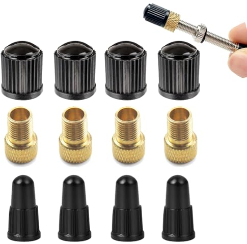 Kit Adaptador Válvula Dunlop y Sclaverand a Válvula Schrader, 12 piezas, 4 x Válvula DV + SV a AV, 4 x Bonete Coche, 4 x Bonete Presta, Adaptador Válvula Bicicleta, Adaptador Válvula Rueda Presta
