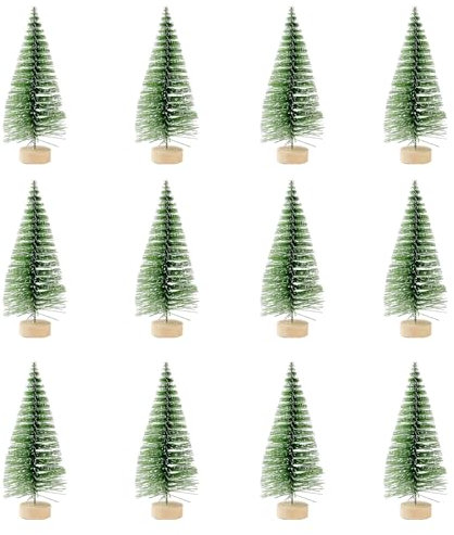 12PCS Mini Christmas Trees - Miniature Plastic Pine Trees, Artificial Xmas Bottle Brush Tree, Tabletop Model for Christmas Decoration, Green 9cm