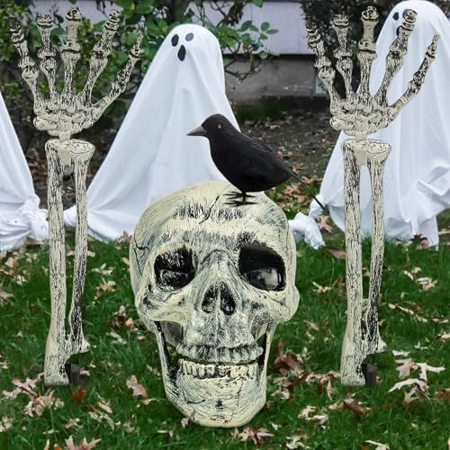 JWDMHSJ Halloween Deko Horror Skelett Schädel, 4 Stück Halloween deko Skelett, Totenkopf, Hand, Krähe, Totenkopf Deko Realistische Halloween Grausigkeit Skelett Deko, Halloween Deko Outdoor