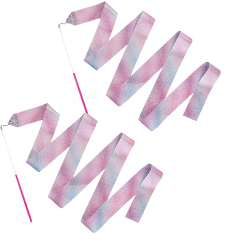 FuzlPnag 2 Stück Gymnastikband mit Stab,2M Regenbogen Bänder für Gymnastik,Rhythmische Sportgymnastik Band Tanzbänder,für Mädchen Kinder Kunsttänze Training Zirkus Party