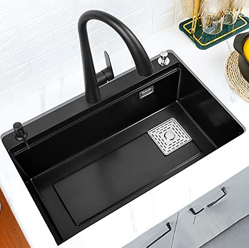 Fregadero de Cocina Fregadero de cocina de piedra de cuarzo, fregadero individual grande con control de mostrador, fregadero bajo encimera engrosado, fregadero de granito, con grifo extraíble y grifo