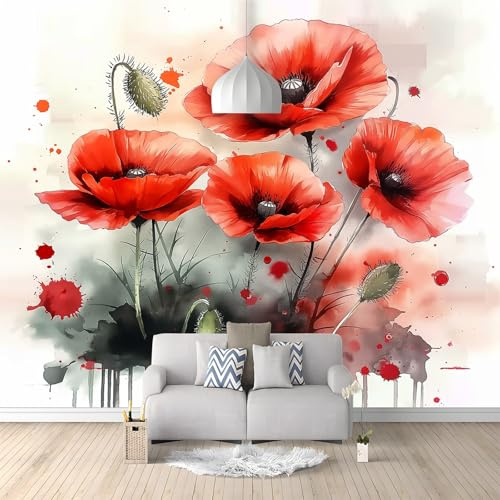 Rot Fototapete 250x175cm, Aquarell Pflanze Mohn Wandaufkleber Fototapete für Wohnzimmer, Schlafzimmer, Kinderzimmer Dekorative Wasserdicht Tapete