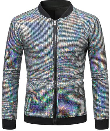 Fowjknww Herren Metallic Bomberjacke Pailletten Fashion Langarm Mantel 70S Disco Bunte Varsity Jacket Shiny Sparkly Glitter Übergangsjacke Stehkragen Perlenjacke Mit Reißverschluss