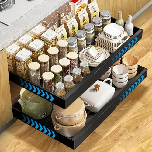 EOJDDPA 2PCS Telescopic Extendable Slide Out Drawer Shelves Storage for Kitchen Cabinet, Adjustable Width 31.5cm to 52cm, No Drilling Pull Out Cabinet Organiser with Rail System for Kitchen Base