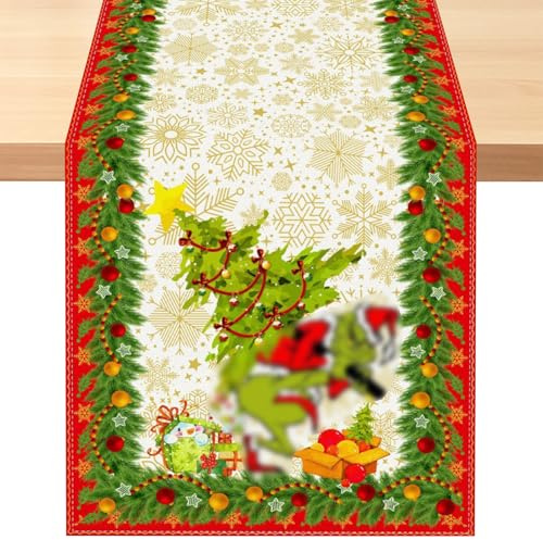 Weihnachten Tischläufer 34 x 186 cm, Leinen Weihnachtsgrinch Serie Tischläufer, Lang Rechteckige Weihnachtstischdecke für Winter Christmas Küche Tisch Dekoration Drinnen Party Dekor, Abwaschbar (B)