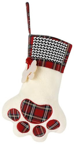 Chaussette de Noël avec empreinte de pattes, motif pied-de-poule noir, motif sapin de Noël, jolie forme de patte de chat pour décoration de vacances et cadeaux