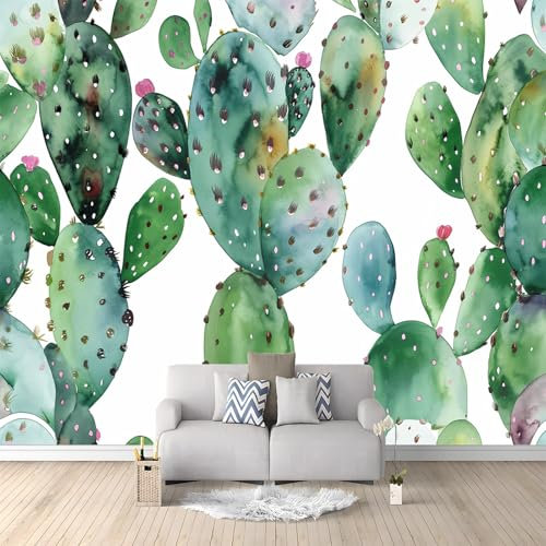Mural Wallpaper Cactus Bedroom Living Room Decoration Poster 350 x 256 cm Non-Woven Premium Art Print Wall Mural 3D Effect Green and White