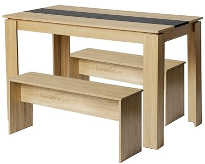 LafeuR Esstisch mit 2 Bänken 3-TLG Set 110x70x75cm Küche Stühle Tisch Möbel Essgruppe Praktisch Sitzgruppe Eiche & Schwarz
