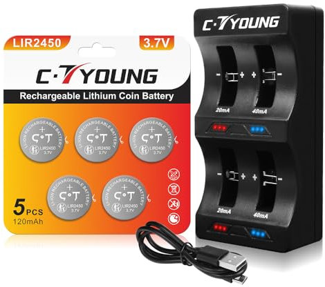 Lot de 5 piles bouton rechargeables au lithium 2450 - 3,7 V - Avec chargeur de batterie Smart Coin - Remplace 3 V Cr2450