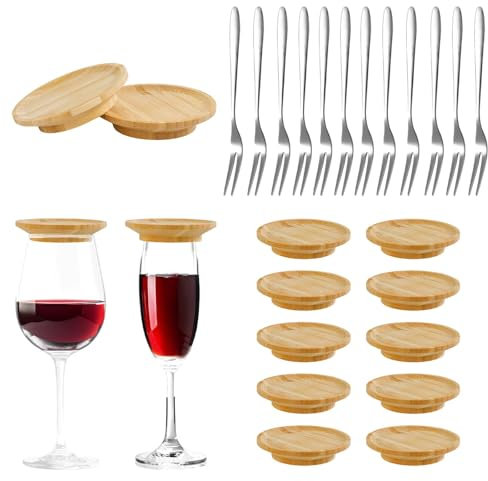 WATUNID 12PCS Wine Glass Charcuterie Topper Set, Bamboo Charcuterie Topper with 12 Stainless Steel Fruit Forks, Charcuterie Boards with Lid for Appetizers Desserts Home, Restaurants, Bars, Parties