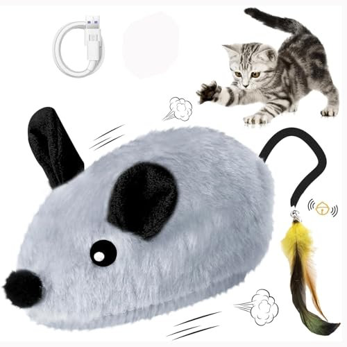 KQLHLHDYZ Interactive Cat Toys Mouse for Indoor, Electric Automatic Moving Cat Mouse Toy Self Play with Feather Bell Tail, Rechargeable LED Mice for Bored Pet