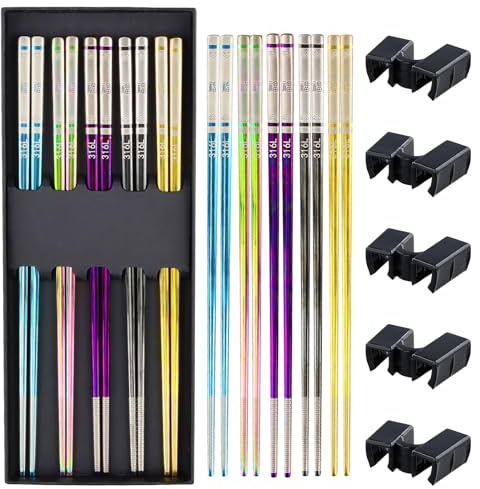 Wisebom 5 Paia Bacchette In Acciaio Inox, Bacchette Sushiriutilizzabile Ecologico Bastoncini Giapponesi con 5 Pezzi Riutilizzabili Chopsticks Helpers per Natale Compleanno, Lavabili in Lavastoviglie