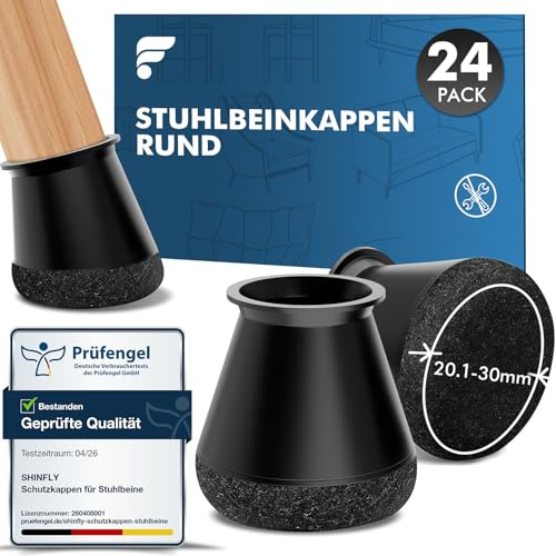 shinfly 24 Stück Stuhlbeinkappen Rund, Ø20.1-30mm Silikon Stuhlbeinschoner | Filzgleiter für stühle, Schutzkappen für Stuhlbeine für Schräge Stuhlbeine, Bodenschutz, Geräuscharm, Medium Schwarz