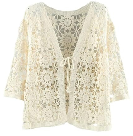 Cárdigan Tipo Bolero De Encaje con Mangas 3/4 para Mujer, Cárdigan Corto Transparente De Crochet, Chaqueta con Lazo Frontal, Blusa Elegante para Cubrir Vestidos De Noche Informales
