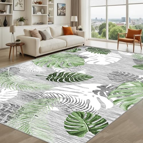 FTCJWL Teppich Grün Kurzflor,Waschbarer Flur Teppich 80x160cm,Weich rutschfest Tepich Mit Blattmuster Rugs for Living Room Schlafzimmer Esszimmer Kinderzimmer Teppiche BüRo